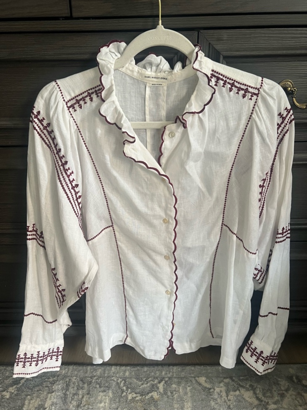 Isabel Marant White Button-Down Blouse with Burgundy Embroidery